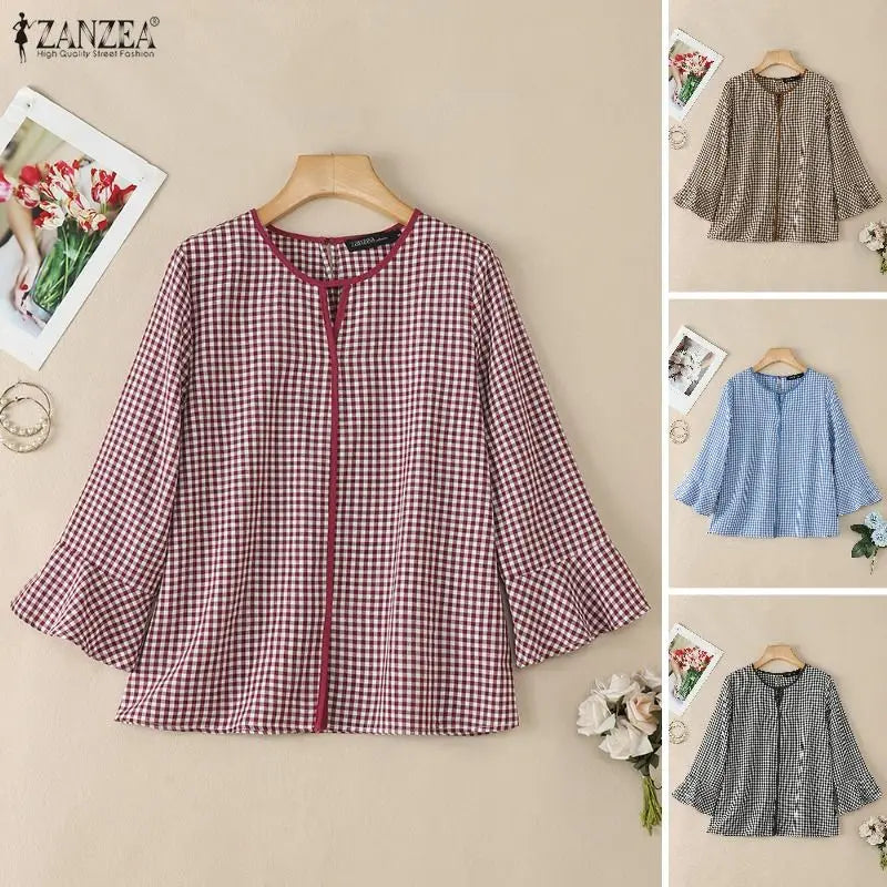 ZANZEA Damen Sommer Plaid Patchwork Bluse 3/4 Glockenärmel Cut Out Tops Lässiges lockeres Hemd Retro Chemise Damen Arbeitsblusen Hauptbild