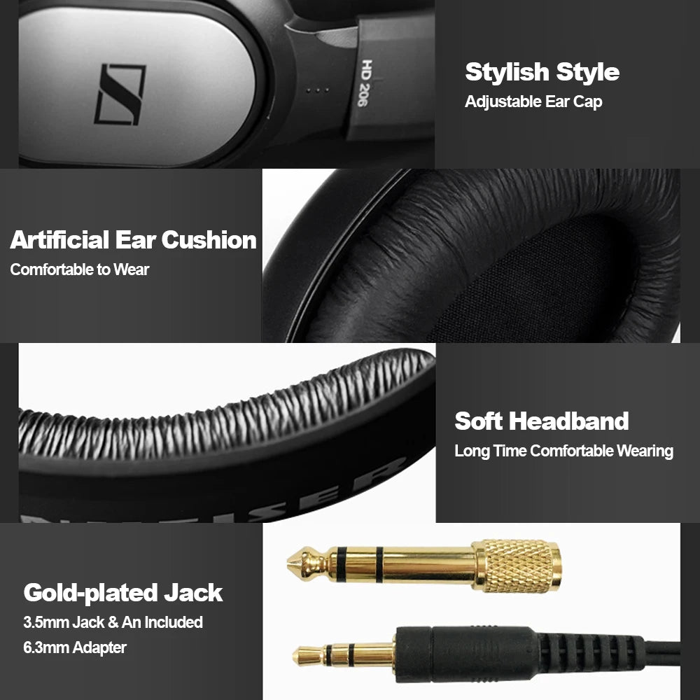 Sennheiser HD206 Over-Ear Kabelgebundene HiFi-Treiber Stereo-Bass Audiophile Kopfhörer Original Noise-Cancelling Monitoring Headset