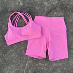 Solid Color High Waist Gym Yoga Short Legging Set Tight Women Cross Back High Impact Shoulder Strap Fitness Bra Top Sportwear