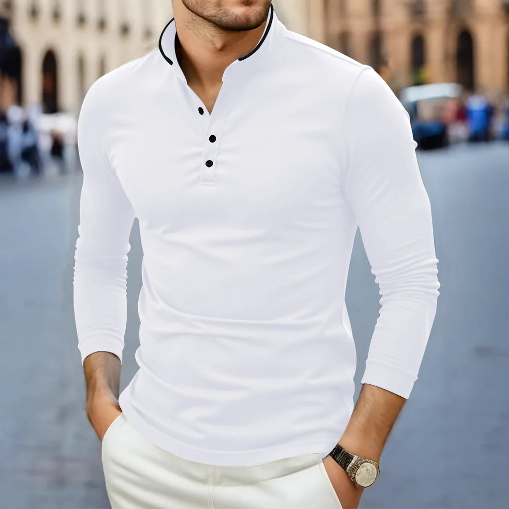Herren T-Shirt mit Stehkragen, langärmelig, einfarbig, lässig und modisch, vielseitig und bequem, Sommer 2025