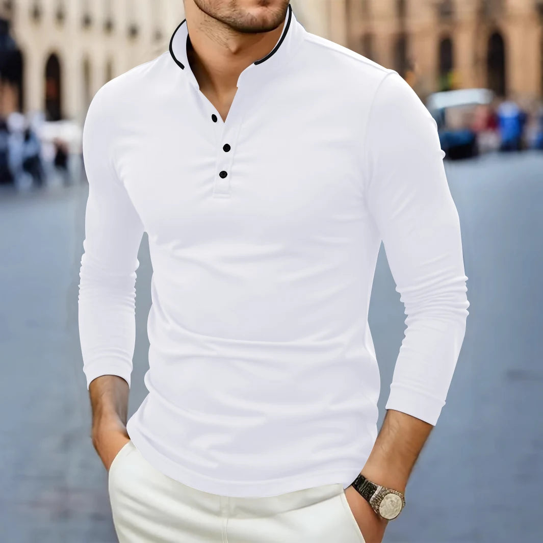 Herren T-Shirt mit Stehkragen, langärmelig, einfarbig, lässig und modisch, vielseitig und bequem, Sommer 2025