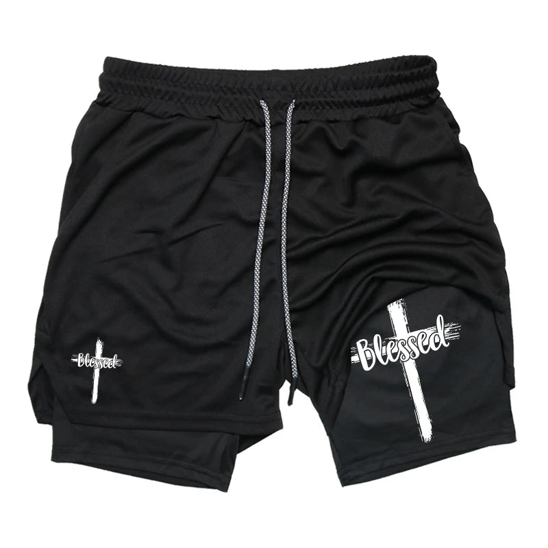 Herren-2-in-1-Lauf-Workout-Shorts mit Druck, Christian Gym Athletic Performance Shorts mit Handytasche und Handtuchschlaufe, Activewear