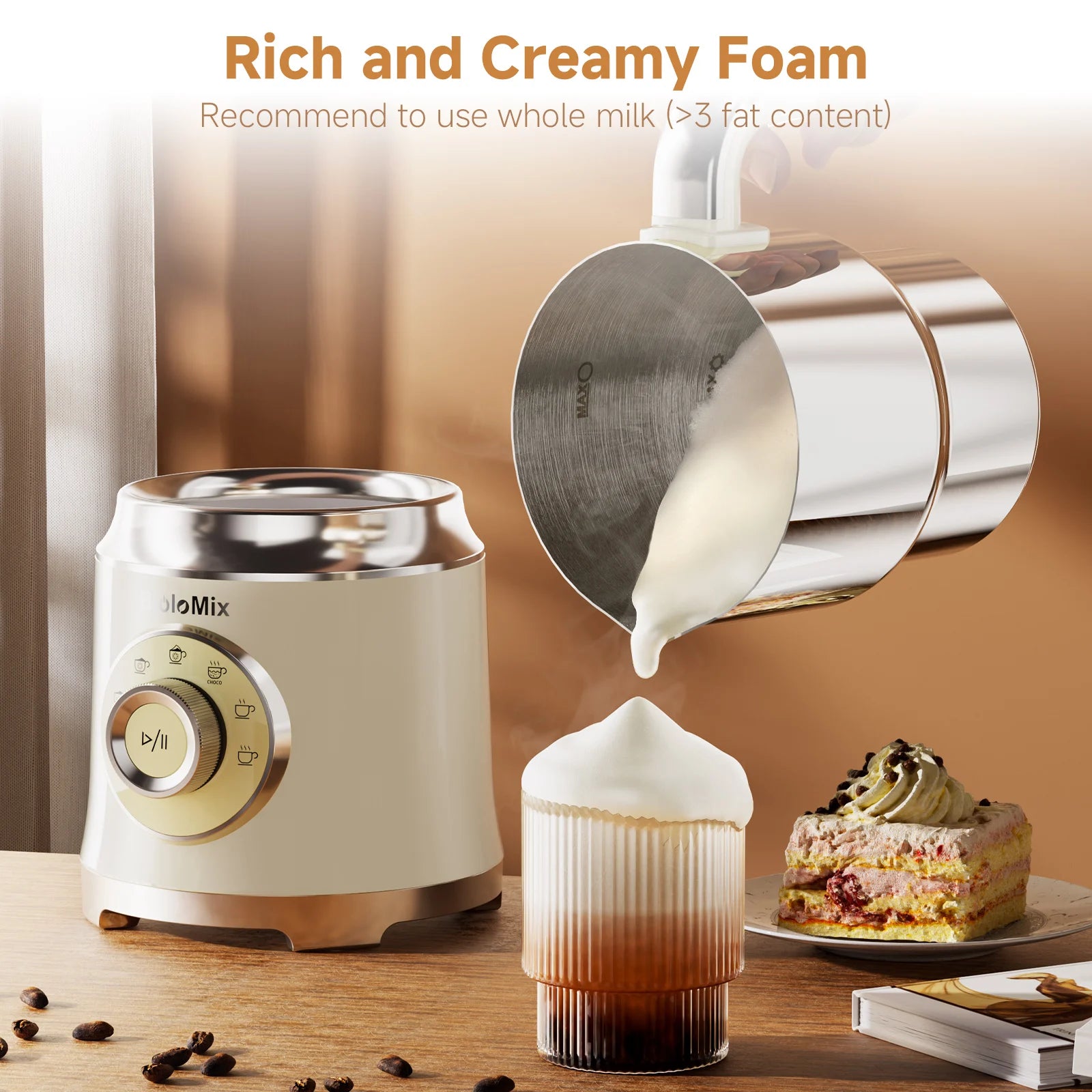 BioloMix 7-in-1 Abnehmbarer elektrischer Milchaufschäumer Dampfer Automatischer Heiß- und Kaltschaumbereiter für Kaffee und heiße Schokolade