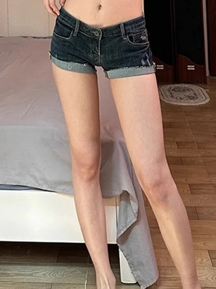 Sommer Neue Damen Koreanische Jeans-Shorts Hose Damen Niedrige Taille Elastische Slim Fit Hotpants Weibliche Sexy Dunkelblaue Hüftwickel-Jeans