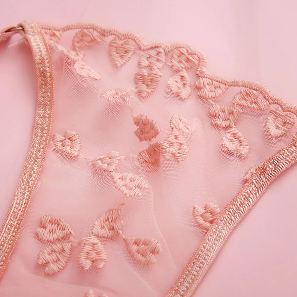 Spitzen-Dessous-Set 3-teilig Transparenter BH Strumpfhalter Halbcup Push-up Unterwäsche für Damen