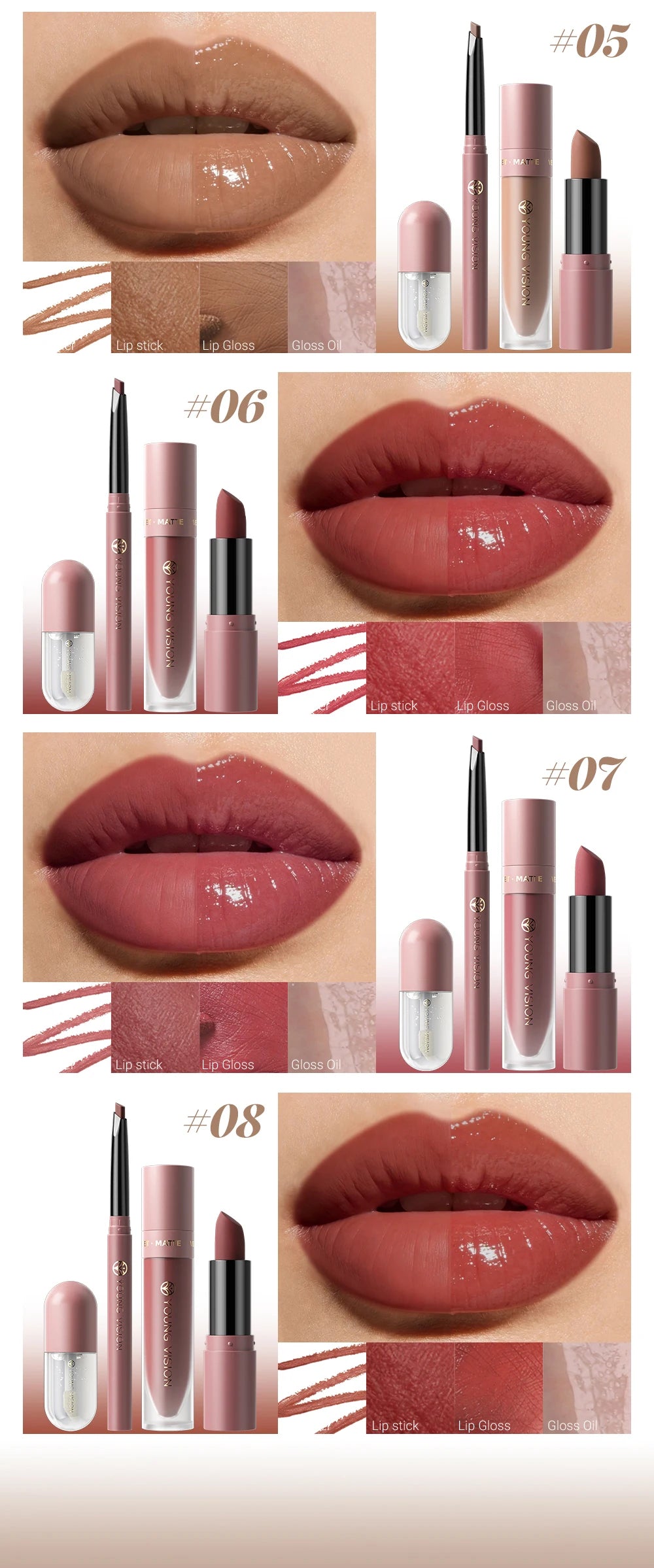 4tlg. Set Langanhaltendes Wasserdichtes Lippen-Make-up-Kit – Weicher, geschmeidiger cremiger Lippenstift & Lipgloss Lip Oil Set