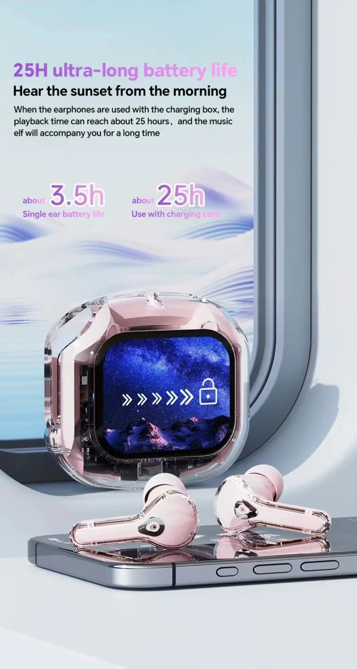 Übersetzung Kopfhörer mit Touchscreen Kabellos Bluetooth 5.4 Smart Earphone HiFi Audio Hohe Qualität Transparente Hülle Headset