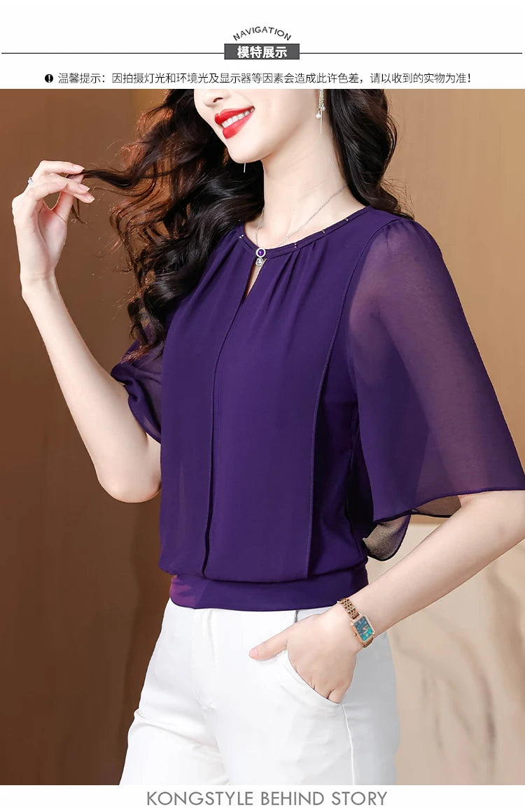 Sommerkleidung Halbarm-Chiffonbluse 2025 Neue Mode Loose Damen Tops Einfarbige Freizeit-Pullover-Shirts