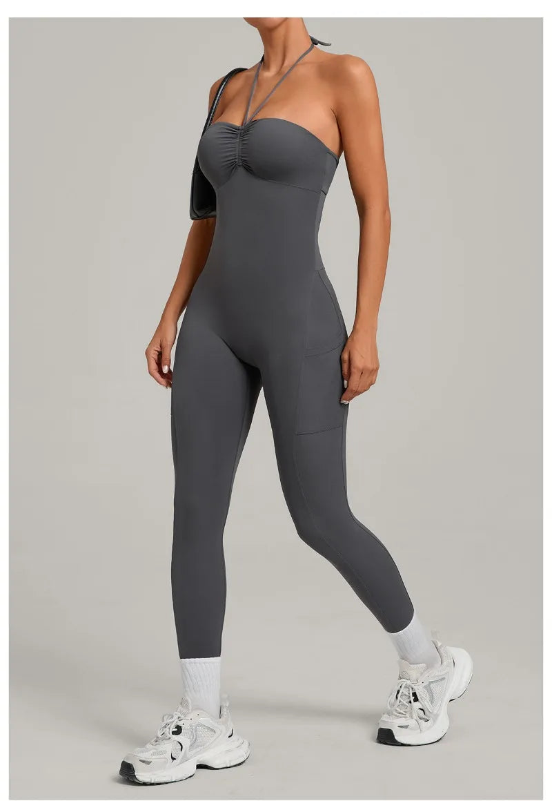 Damen Yoga Jumpsuits Sport Fitness Einteiler Schönheits-Rückengurt Tasche Hüfthebend Slim Fit Laufen Workout Training Bodysuit