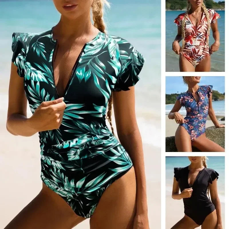 2024 Mode Kurzes Kleid Einteiliger Badeanzug Reißverschluss Badeanzug Sexy Bikini Damen Verdickte Bedruckte Badebekleidung Strandmode Sommer Hauptbild