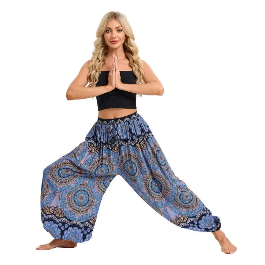 Damen Boho Weite Hosen Haremshose Erwachsene Hohe Taille Yoga Loose Laternenhose Atmungsaktive Strandhose Urlaub Bedruckte Jogger