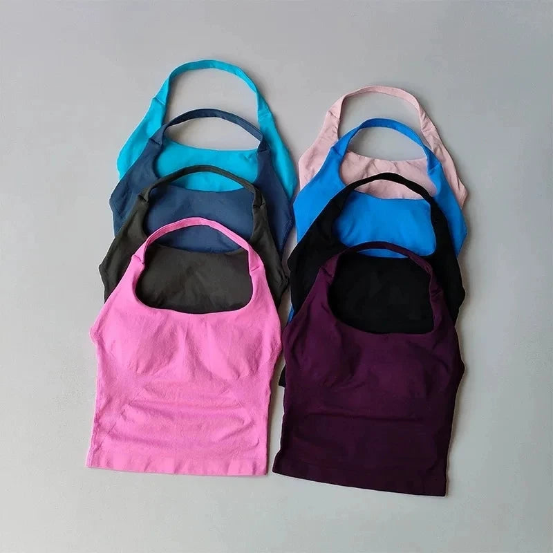 Nahtlose Neckholder-Yoga-Tanktops für Damen mit integriertem BH, gepolstertem Gymnastik-Top, ärmellosem Shirt, tailliert, rückenfrei, Sportbekleidung Zweitbild