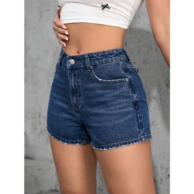 Y2K Shorts Damen Denim Shorts Zerrissen Hellblaue Waschung Hoher Bund Vintage Street Style Elastisch Bequeme Passform Hauptbild
