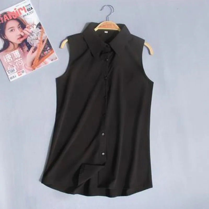 #2503 Damen Tops Und Blusen Ärmelloses Hemd Frauen Sommer Dünnes Weste Pullover Knopf Basic Top Chiffon Rot Weiß Schwarz Polokragen