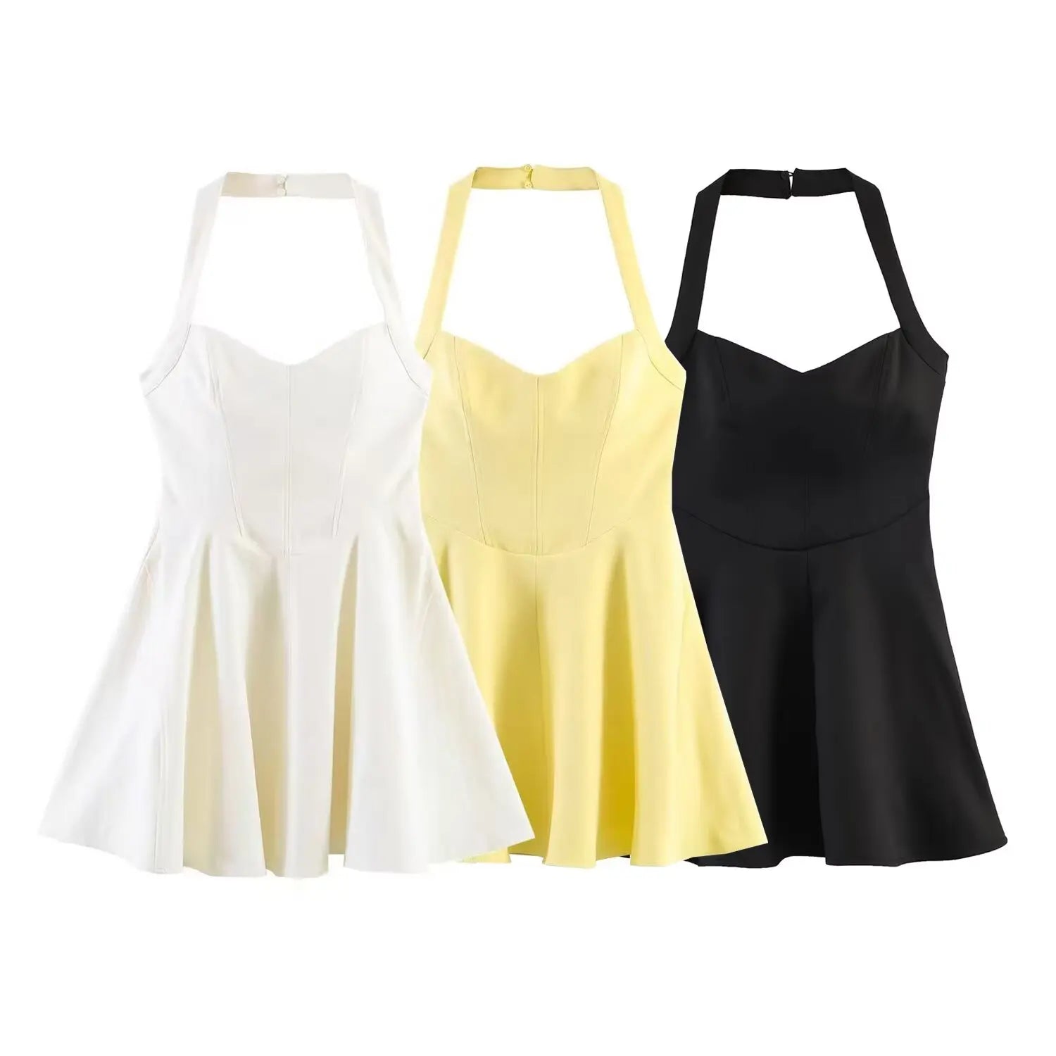 HH Sommer elegantes Neckholder-Faltenkleid einfarbig elegant kurz für Damen sexy rückenfreies ärmelloses Party-Minikleid Mujer