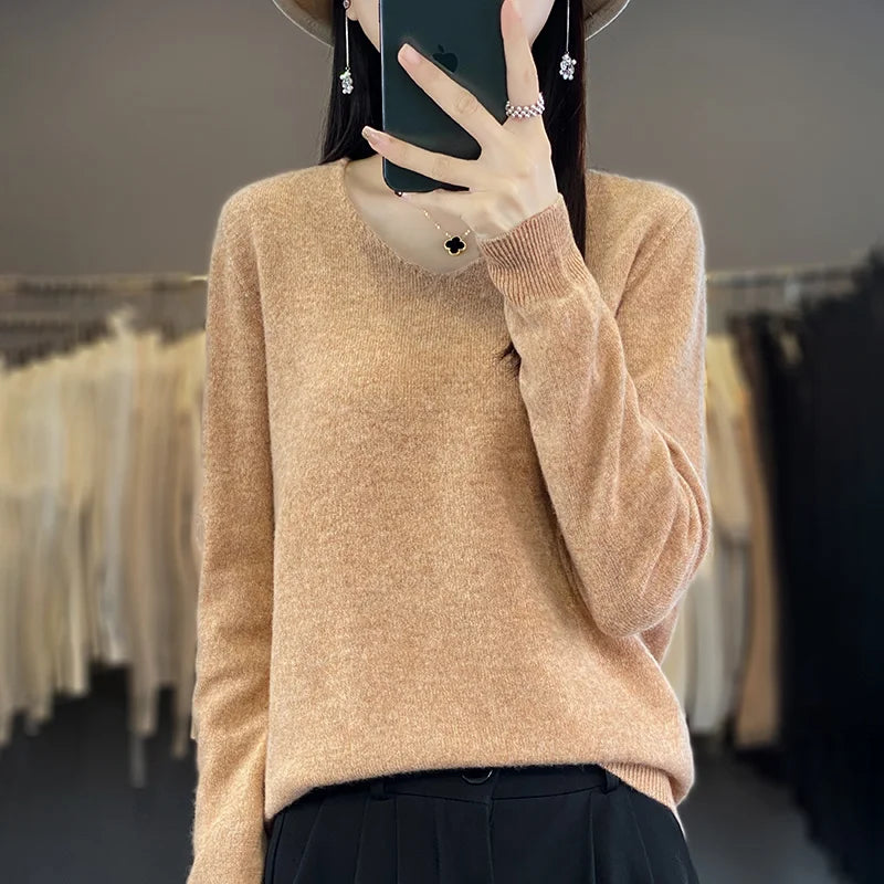 Damen 100% Merinowolle Pullover V-Ausschnitt Basic Pulli Herbst Winter Kaschmir Kleidung Langarm Weiche Strickware Oberteile Unifarben