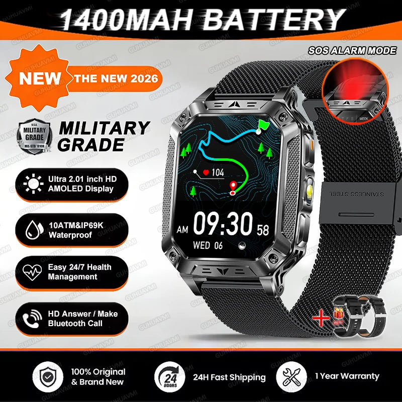 2026 TANK Neue 1400mAh Militär GPS Smartwatch Herren 2.01" AMOLED-Bildschirm 10ATM Wasserdichte Uhr SOS Anruf Taschenlampe Smartwatch iOS