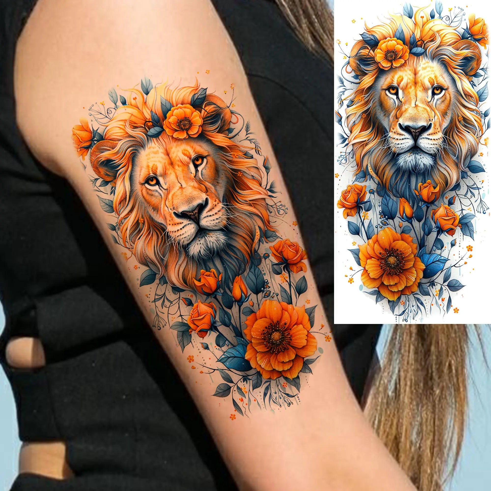 1 Blatt einzigartige Aquarell-Löwe-Tiger-Tier-Temporäre Tattoos langanhaltend wasserdicht Fuchs Eule gefälschter Tattoo-Aufkleber Körperkunst Tattoo