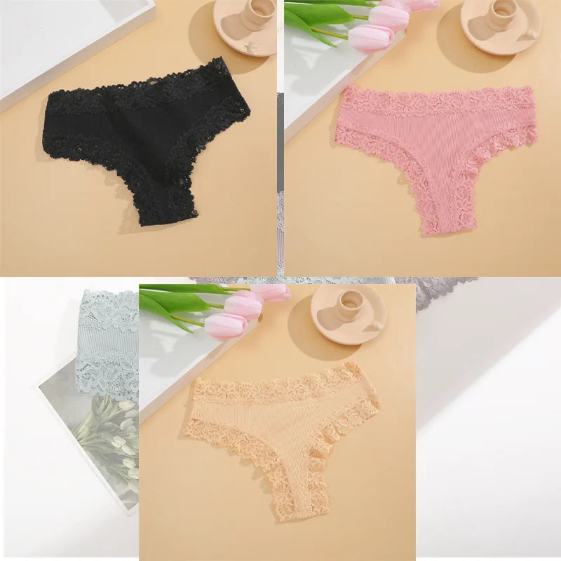 FINETOO 3er-Pack Damen Baumwollunterwäsche Slips Sexy Spitze Brasilianischer Slip Niedrige Taille Blumenmuster Einfarbig G-String Atmungsaktive Dessous