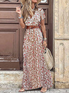 Elegantes florales plissiertes Midikleid in H-Form für Damen, V-Ausschnitt, Puffärmel, geraffte Taille, Knopfleiste, Damen-Sommerkleid, Robe