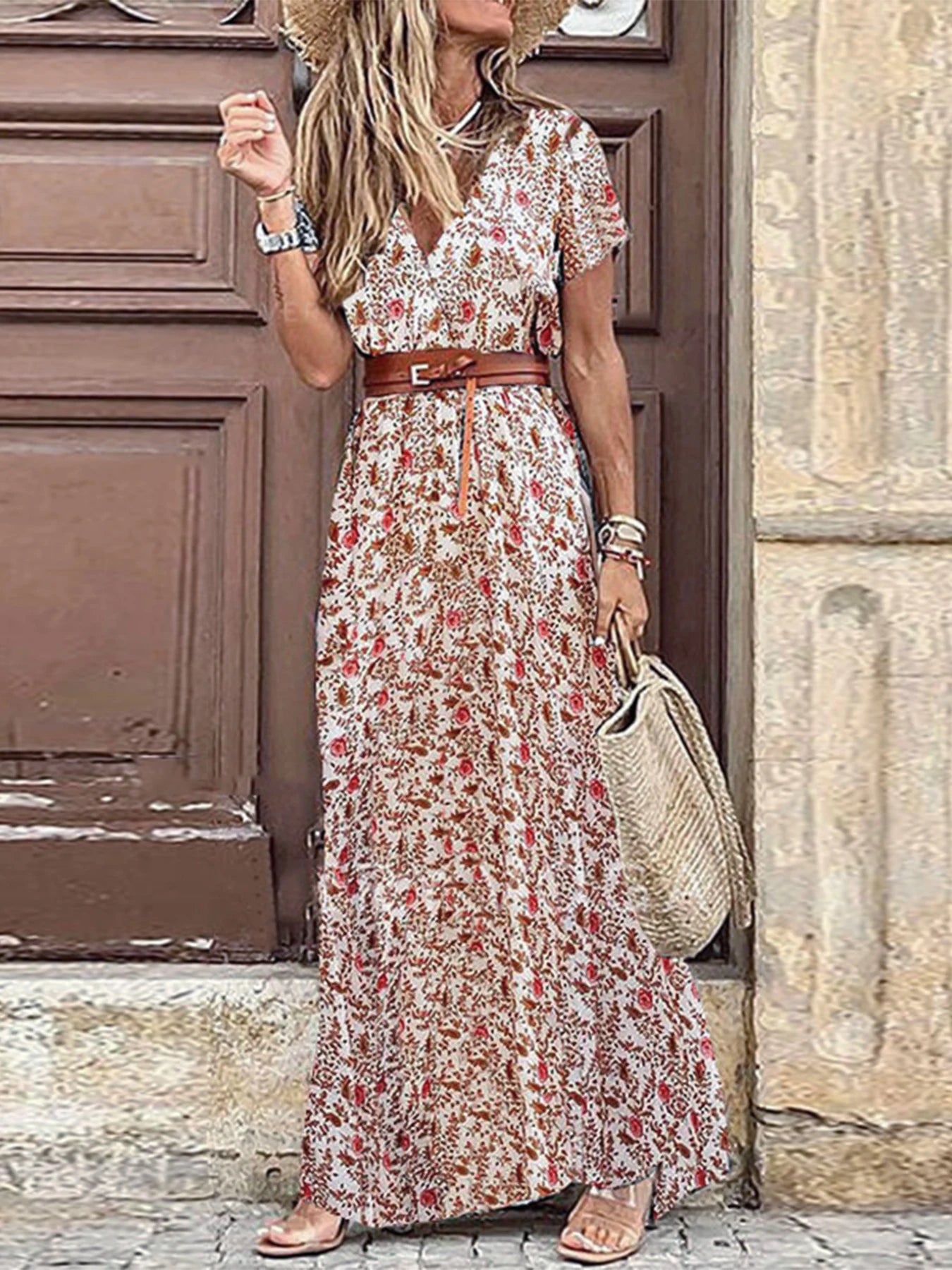 Elegantes florales plissiertes Midikleid in H-Form für Damen, V-Ausschnitt, Puffärmel, geraffte Taille, Knopfleiste, Damen-Sommerkleid, Robe