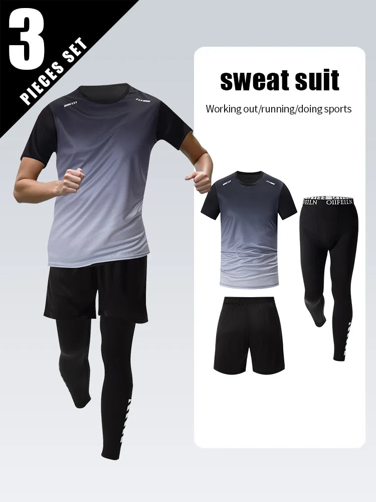 3-teiliger Herren-Sportanzug, schnelltrocknend, mit Farbverlauf, Freizeit-Sport, Laufen, kurze Ärmel, bequeme Sonnencreme, Hose, Joker-Shorts
