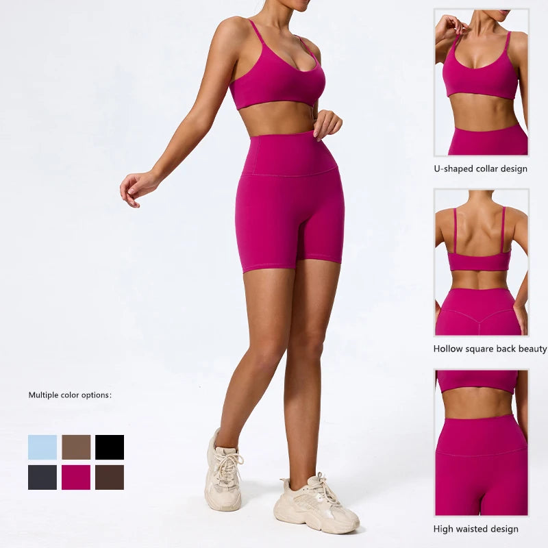 Hearuisavy Sommer Superweiches 2-teiliges Damen-Sportshorts-Set atmungsaktives Fitness-Yoga-BH Freizeit-Push-Up-Workout-Crop-Top Zweitbild