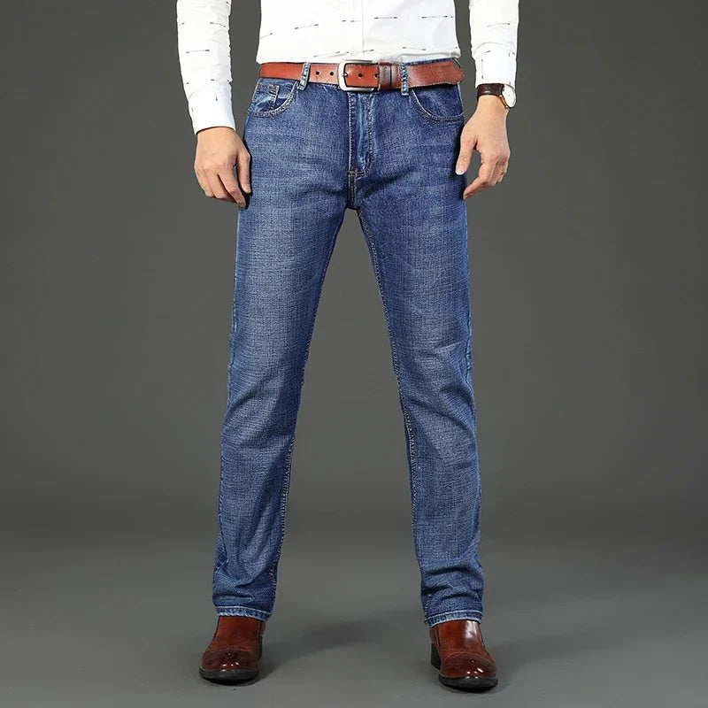 2024 Gerade, normale blaue Stretch-Jeans Frühling Herbst Herren Klassische Jeans Business Fashion Smart Jeans für Herren