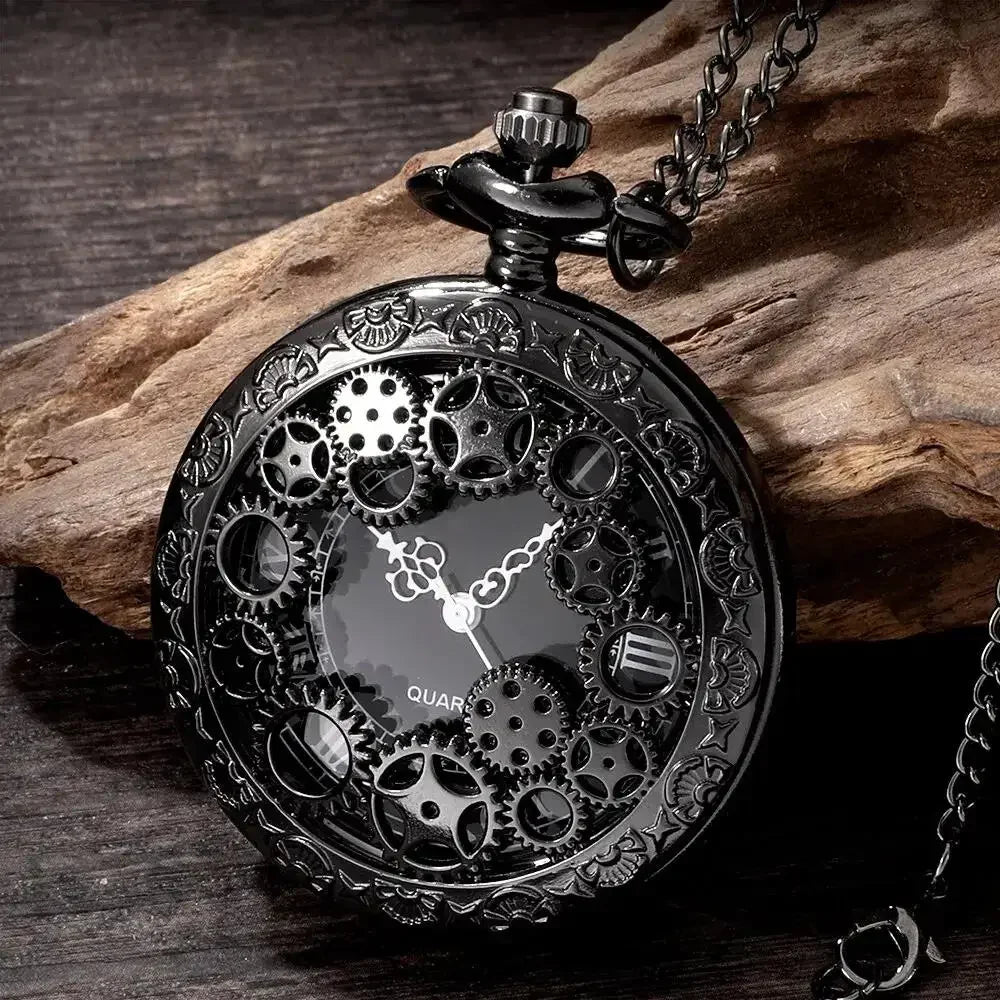 1pc Black Retro Hollow Gear Carved Quartz Pocket Watch Necklace Pendant Clock Chain Men Women Memorial Gift