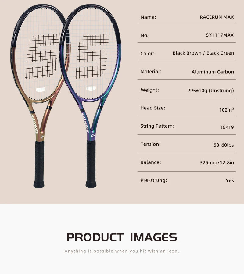 RaceRun-MAX Carbon-Verbund Tennisschläger, 295±10g Leichtgewicht, 325mm Balance, einteiliger stabiler Rahmen, 50-60lbs, für Fortgeschrittene