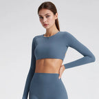 NCLAGEN Sport-Oberteile Gym Damen Fitness T-Shirt Langarm Offener Rücken Pilates Yoga Gepolstertes Crop Top Laufen Workout Fitness Bluse