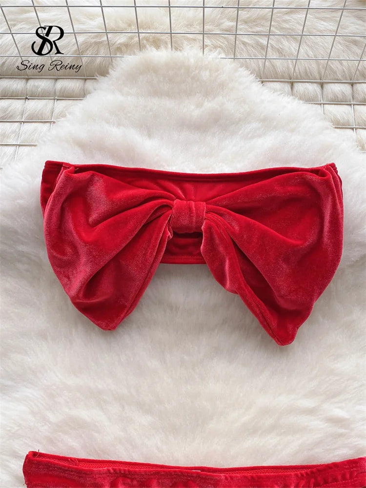 SINGREINY Weihnachten Erotische Dessous Anzüge Damen Trägerlos Eng Anliegend Kurze Nachtwäsche Mode Samt Schleife Sinnliche Unterwäsche Sets