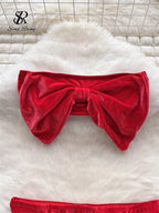SINGREINY Weihnachten Erotische Dessous Anzüge Damen Trägerlos Eng Anliegend Kurze Nachtwäsche Mode Samt Schleife Sinnliche Unterwäsche Sets