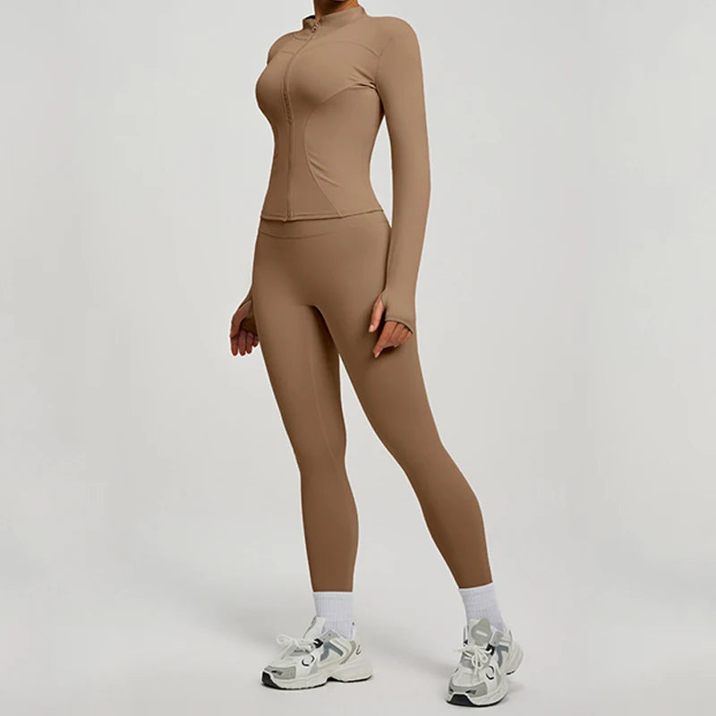 SVEIC Damen Zweiteiliger Trainingsanzug Yoga Set Langarmjacke High Waisted Leggings Atmungsaktive Sportkleidung Für Frauen
