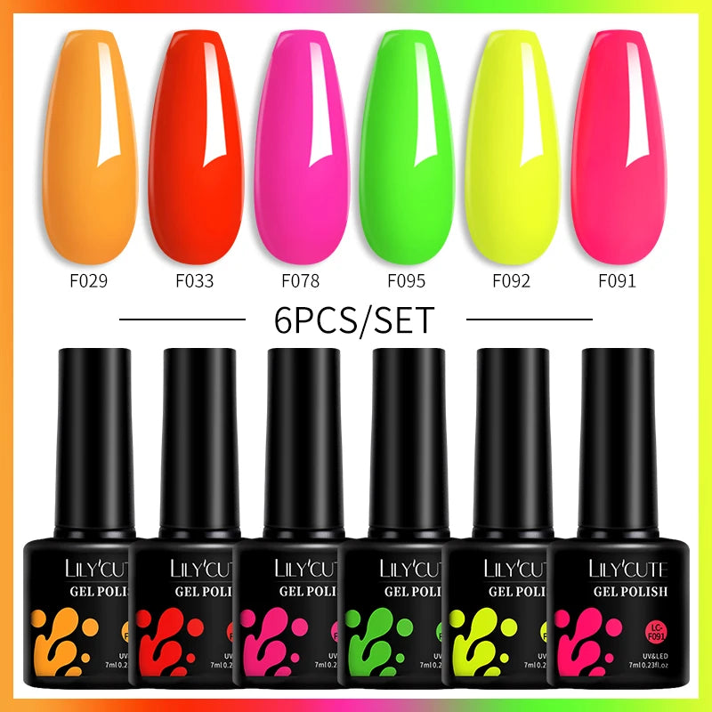 LILYCUTE 7ML 6PCS Neon Gel Nagellack Set fluoreszierend Farbwechsel Semi Permanent Soak Off Maniküre-Kit Nail Art Gel