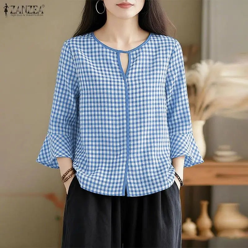 ZANZEA Damen Sommer Plaid Patchwork Bluse 3/4 Glockenärmel Cut Out Tops Lässiges lockeres Hemd Retro Chemise Damen Arbeitsblusen Zweitbild
