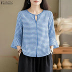 ZANZEA Damen Sommer Plaid Patchwork Bluse 3/4 Glockenärmel Cut Out Tops Lässiges lockeres Hemd Retro Chemise Damen Arbeitsblusen
