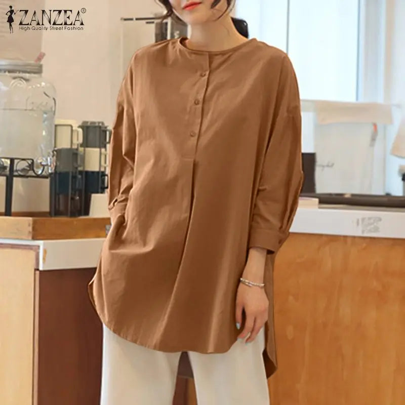 ZANZEA Mode Herbst Langarm Bluse Damen Weites Hemd Elegant Einfarbig OL Arbeitsplatten Lässig Locker Urlaub Arbeit Blusen Damen