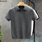 2026 Herren Sommer Poloshirt Koreanischer Stil Slim Fit Knitterarm Kragen Unifarben T-Shirts Freizeit Dünne Ärmel Trendige Strickoberteile