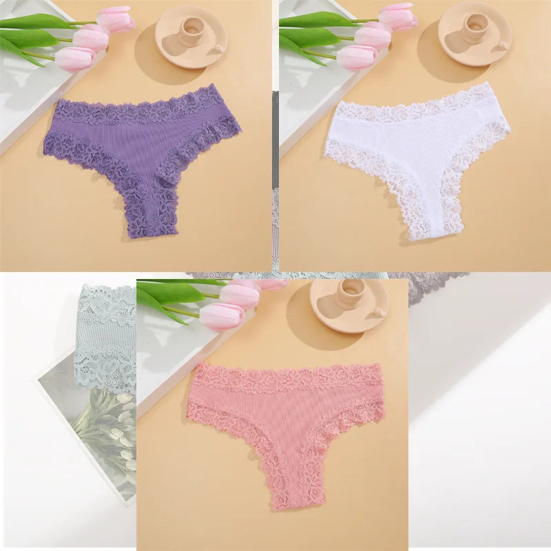 FINETOO 3er-Pack Damen Baumwollunterwäsche Slips Sexy Spitze Brasilianischer Slip Niedrige Taille Blumenmuster Einfarbig G-String Atmungsaktive Dessous
