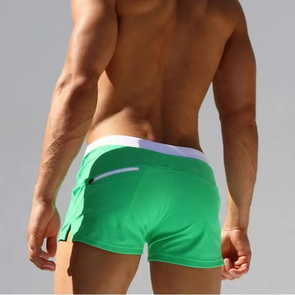 2025 Einfarbige Low-Rise Herren-Badeshorts | Reißverschluss & Kordelzug & Reißverschlusstasche hinten für sicheres und dezentes Tragen