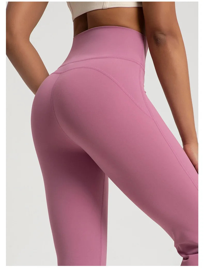 Nackte, hoch taillierte, taillenformende, hüfthebende Fitness-Sporthose mit elastischem Schlag für Damen, lässige Outdoor-Lauf-Yogahose