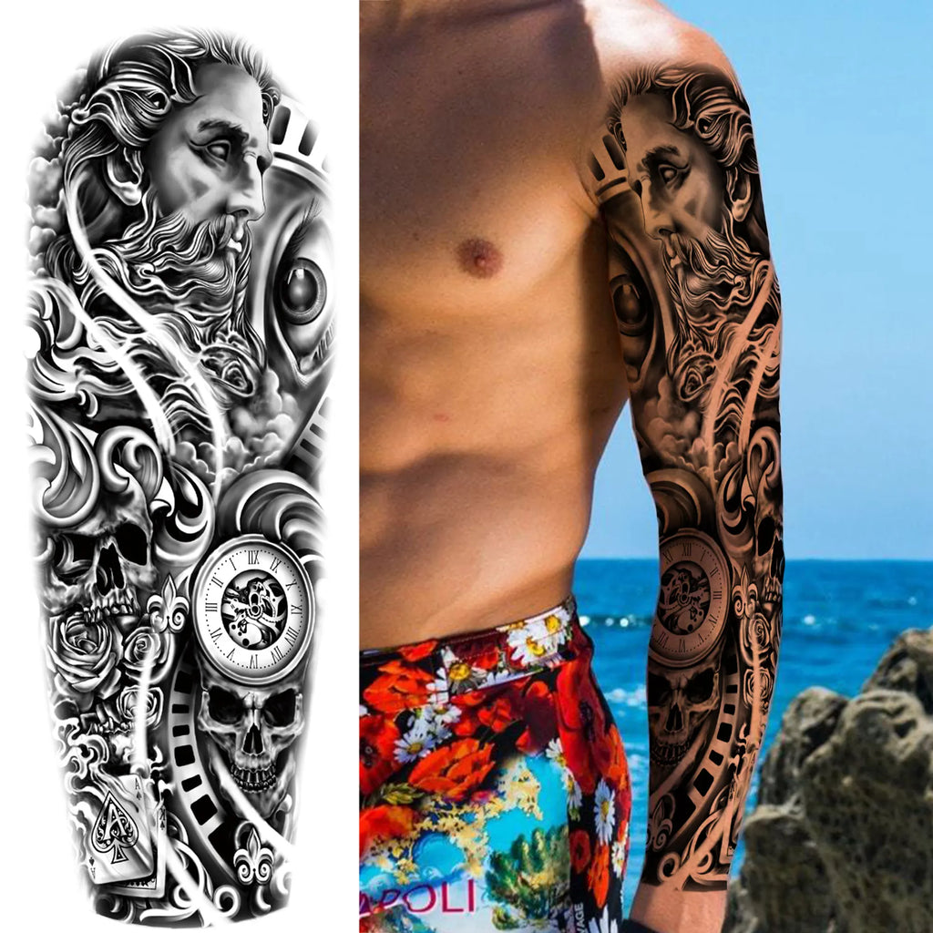 Kompass Roboterarm Temporäre Tattoos Ärmel für Männer Frauen Realistische Gefälschte Totenkopf Engel Ganzarm Tattoos Maori Totem Tattoo Aufkleber