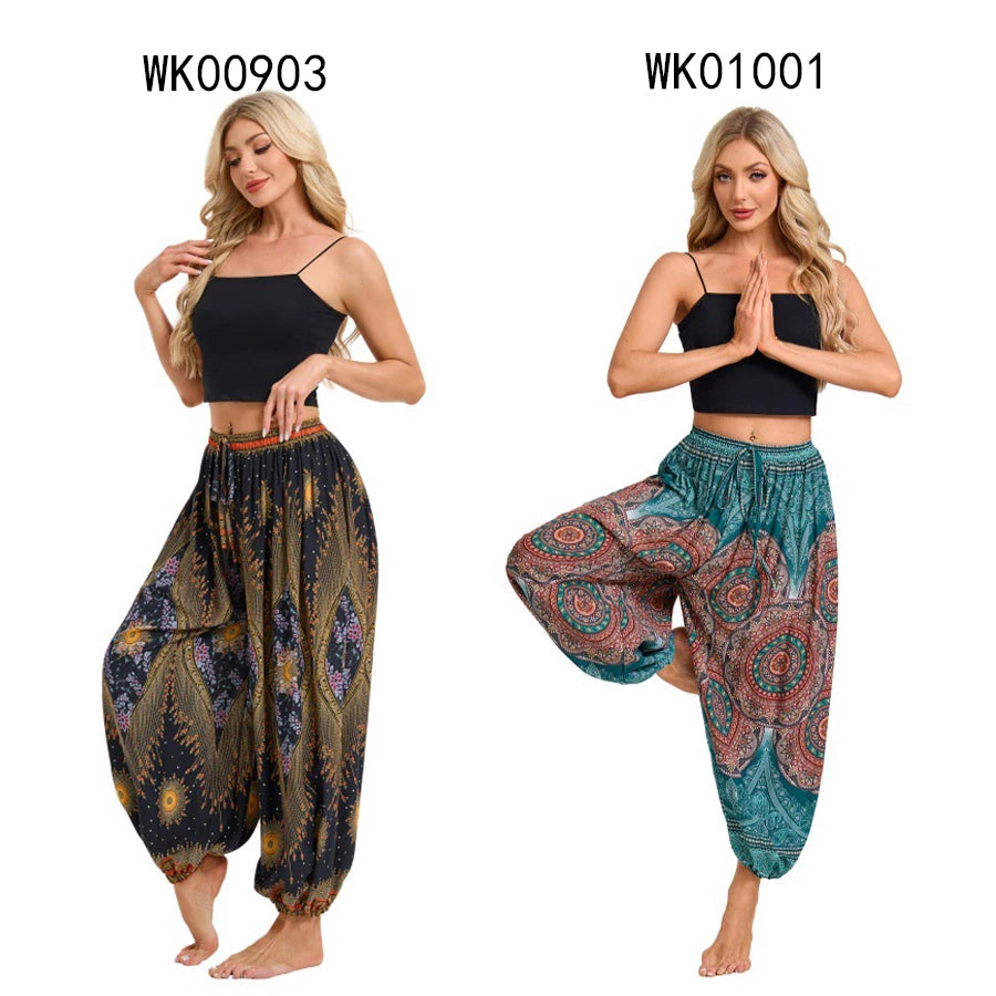 Damen Boho Weite Hosen Haremshose Erwachsene Hohe Taille Yoga Loose Laternenhose Atmungsaktive Strandhose Urlaub Bedruckte Jogger