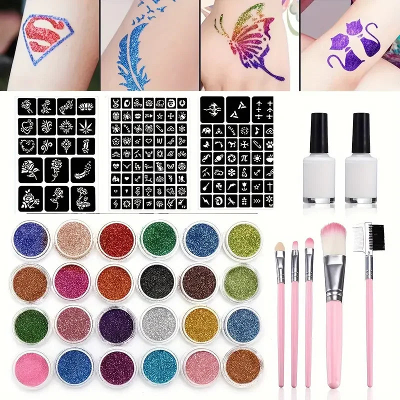 Glitzer-Temporär-Tattoo-Set, 24 Farben mit 2 Flaschen Klebstoff, 3 Blatt Schablonenpapier für Bühnenauftritte, Weihnachtsfeiern Hauptbild