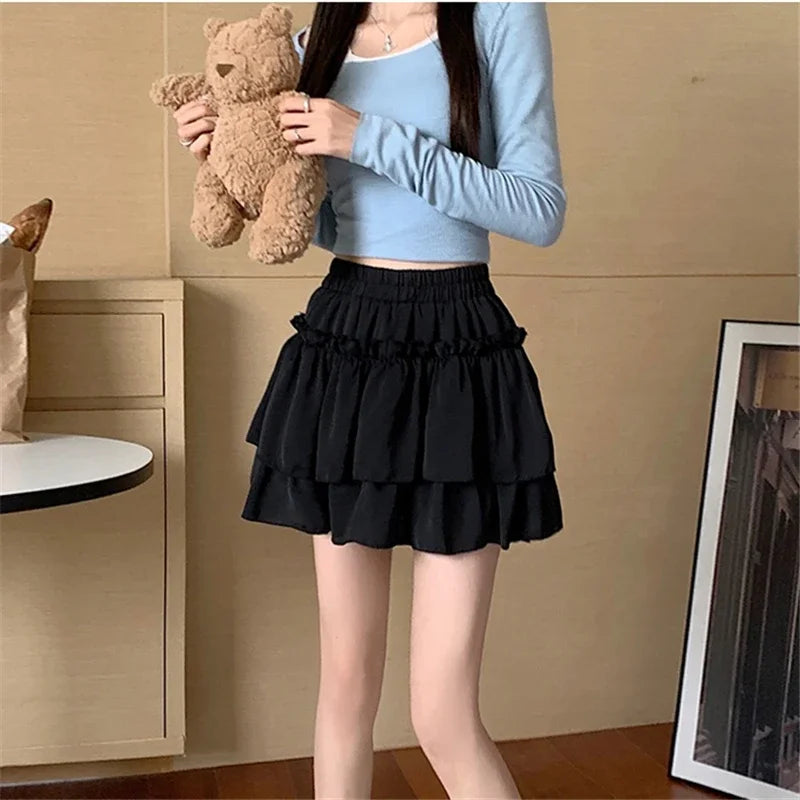 Sommer Kawaii Weiß Rüschenrock Damen Mode Slim Fit Minirock Mädchen Y2k All Match Elastischer Hoher Bund Schwarze Faldas