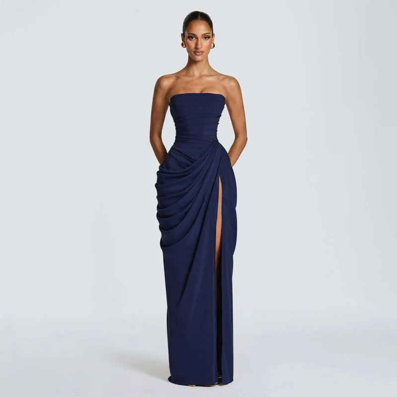 Damen einfarbiges plissiertes, sexy trägerloses Kleid, elegantes schulterfreies, rückenfreies Kleid mit hoher Taille und Schlitz 2026, neues Abendparty-Kleid