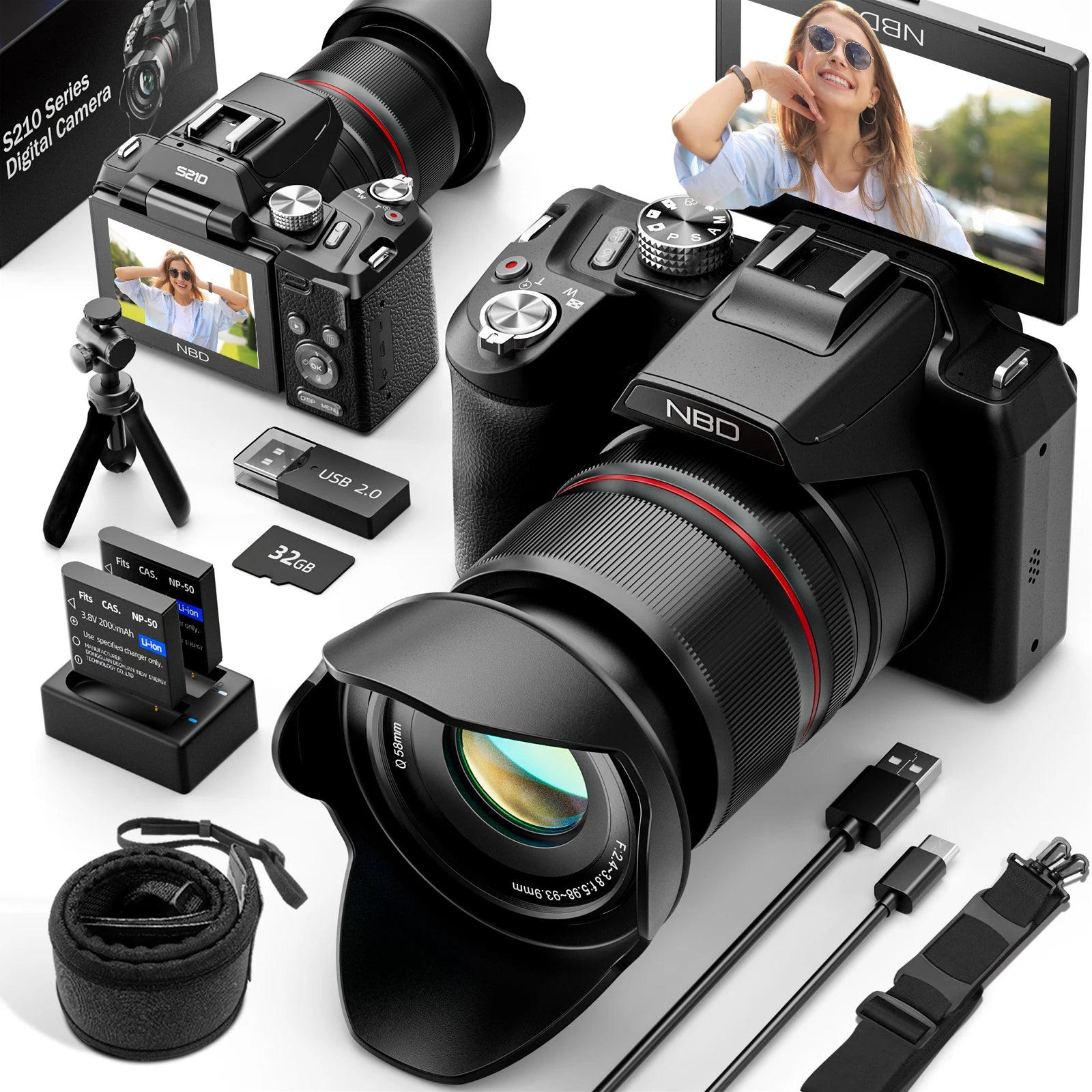 NBD 5K&64MP Digitalkameras für Fotografie, 16-fach optischer Zoom Kamera mit WiFi & App-Steuerung, Vlogging Kamera mit Autofokus