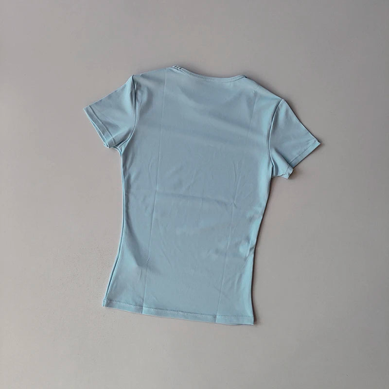 Hautenge, einfarbige Yoga-Kleidung für Damen: Schnelltrocknendes, elastisches, eng anliegendes T-Shirt, Fitness-Oberteil