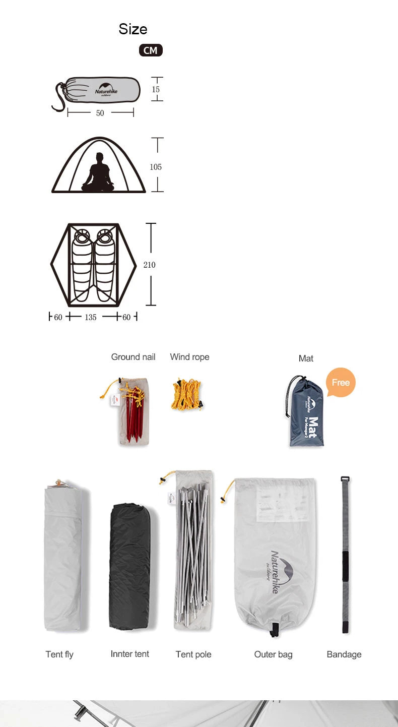 Naturehike Mongar UL 2 Zelt 2 Personen Trekkingzelt 20D Ultraleichtes Reisezelt Wasserdichtes Wanderzelt Überlebenszelt Outdoor Camping Zelt